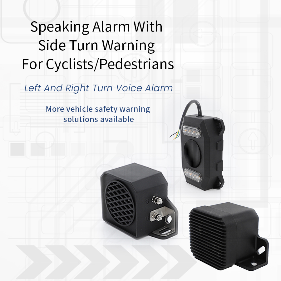 Speaking alarm with side turn warning for cyclists/pedestrians